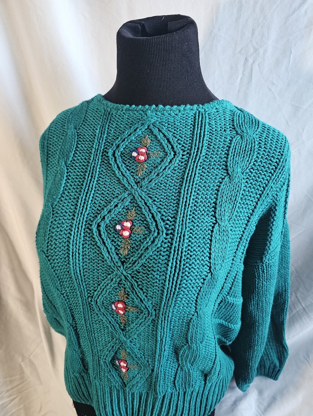 Vintage Victoria Jones Petite Large Sweater Teal & Flower Detailing Knit
